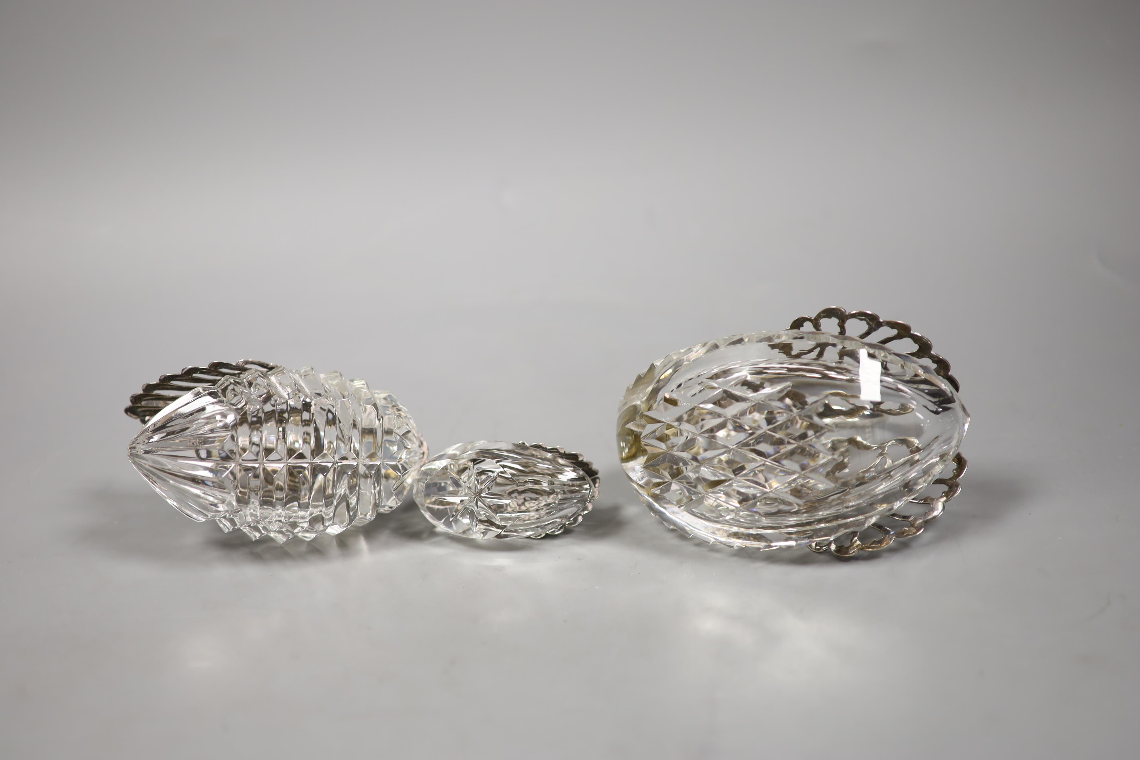 A set of three graduated silver-mounted cut glass 'swan' bon bon dishes